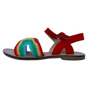 New Boden Girls Crochet Rainbow Red Suede Strap Sandals | GUC, Buckle Closure,
